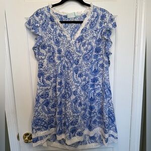 True Destinations Blue White Paisley Cotton Dress Ruffle Sleeve Boho Size Small